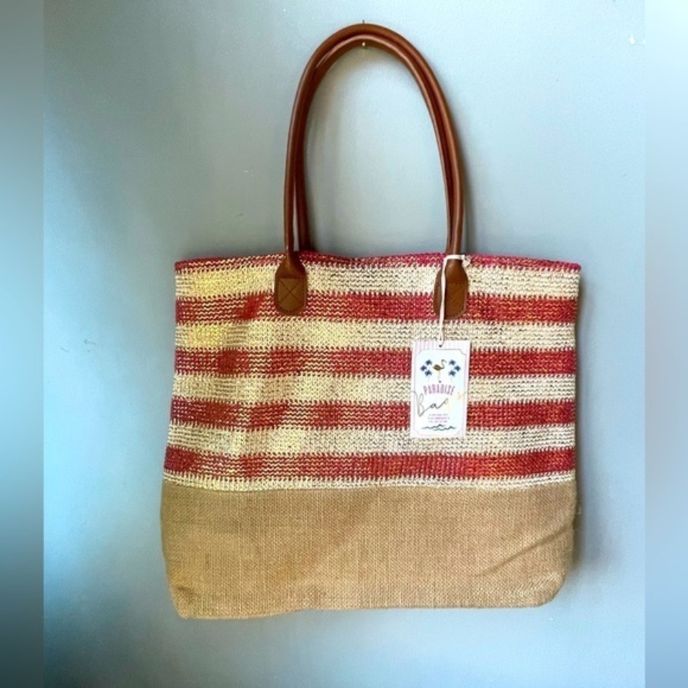 PARADISE Jute Red Gold Tan Bag New NWT